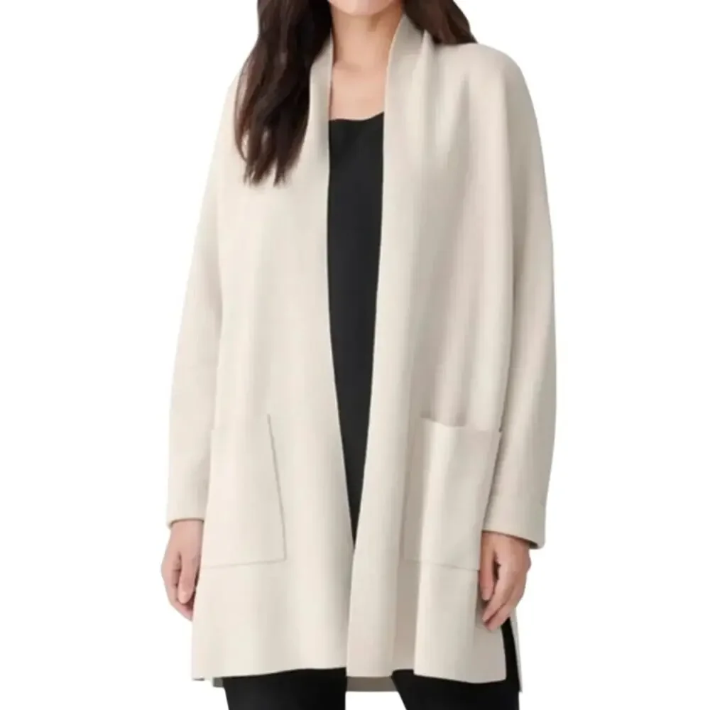 Eileen Fisher Silk Organic Cotton Interlock Long Cardigan Ivory PocketsLarge